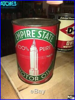 RARE Empire State METAL Graphic Motor Oil Can Qt Gas Sign Old Vintage Original