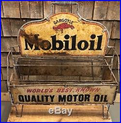 RARE Vintage 30s MOBILOIL Gargoyle Motor Oil Gas Station Quart Can Rack Display