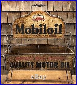 RARE Vintage 30s MOBILOIL Gargoyle Motor Oil Gas Station Quart Can Rack Display