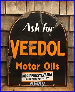 RARE Vintage 30s VEEDOL Motor Oil 2 Sided Tombstone Porcelain Sign