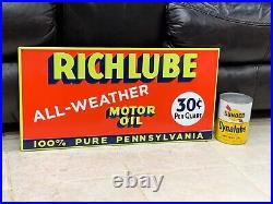 RICHLUBE MOTOR OIL EMBOSSED METAL DEALER SIGN (23.5x 11.5) NICE CONDITION