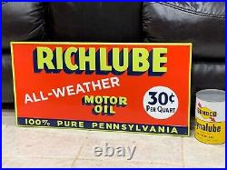 RICHLUBE MOTOR OIL EMBOSSED METAL DEALER SIGN (23.5x 11.5) NICE CONDITION