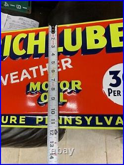 RICHLUBE MOTOR OIL EMBOSSED METAL DEALER SIGN (23.5x 11.5) NICE CONDITION