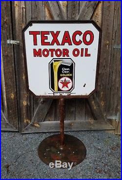 Rare 1930s Texaco Motor Oil Lollipop Sign and Stand. Porcelain. All Original