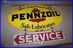 Rare 1973 Pennzoil Motor Oil 2-sided Metal Sign With Original Service Arrow Gas