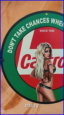 Rare Castrol Motor Oil Porcelain Pinup Bikini Babe Gas Service Station Pump Sign