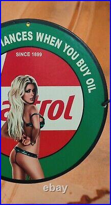 Rare Castrol Motor Oil Porcelain Pinup Bikini Babe Gas Service Station Pump Sign