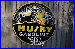 Rare Husky Gasoline Motor Oil Porcelain Metal Sign Service Station Sunrise Dog