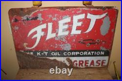 Rare Large Vintage Fleet K-T Motor Oil Grease Gas Station 2 Sided 35 Metal Sign