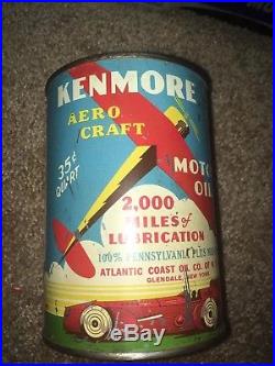 Rare Metal Graphic Kenmore Aero Craft Quart Motor Oil Can Original Plane Sign