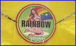 Rare Rainbow Gasoline & Motor Oil Pinup Girl Pump Garage Porcelain Enamel Sign