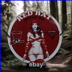 Rare Red Hat Motor Oil Gas&oil Pinup Girl Porcelain Enamel Sign