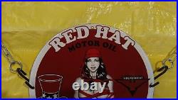 Rare Red Hat Motor Oil Gas&oil Pinup Girl Porcelain Enamel Sign