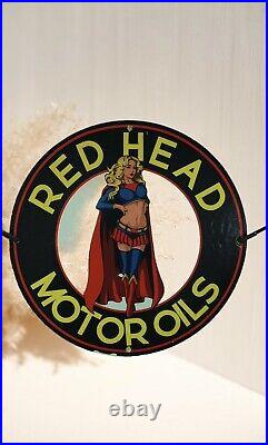 Rare Red Head Motor Oil Pinup Super Girl Porcelain Gas Oil Station Garage Sign