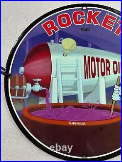 Rare Rocket Motor Oil Tom Porcelain Enamel Gas Oil Pump Auto Service Plate Sign