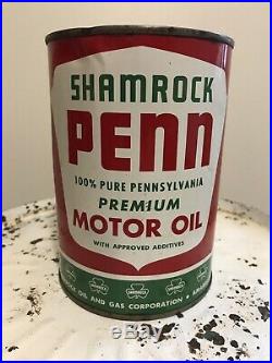Rare SHAMROCK PENN Qt Motor Oil Can 100% Pennsylvania Pure Full Metal Texas 1938