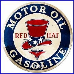 Red Hat Motor Oil Gasoline 42 Round Heavy Duty USA Made Metal Advertising Sign