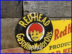 Redhead Vintage Porcelain Sign Gas Station & Motor Oil Advertising Pump Plate