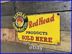 Redhead Vintage Porcelain Sign Gas Station & Motor Oil Advertising Pump Plate