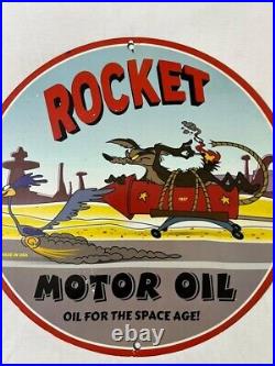 Rocket Motor Oil Space Age Oil&gas Advertisement Mancave Porcelain Enamel Sign