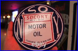 SCARCE 1930s SOCONY STANDARD MOTOR OIL NEW YORK 2-SIDED PADDLE PORCELAIN SIGN