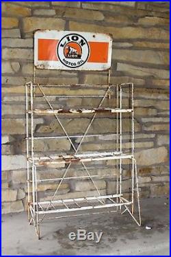 SCARCE 1940's LION MOTOR OIL METAL OIL CAN RACK SIGN DISPLAY GAS OIL SERVICE 66