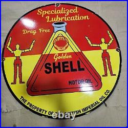 Shell Golden Motor Oil Porcelain Enamel Sign 30 Inches Round
