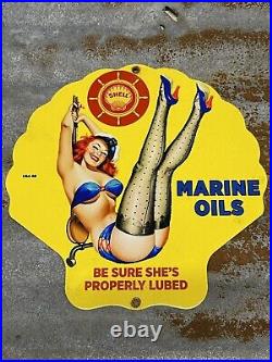 Shell Vintage Porcelain Sign Figural Marine Motor Oil Gas Station Boating Lady