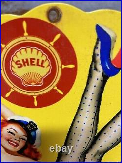 Shell Vintage Porcelain Sign Figural Marine Motor Oil Gas Station Boating Lady