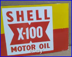 Shell X-100 Motor Oil Porcelain Enamel Sign 18 x 10 Inches 2 Sided