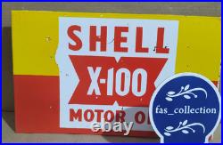 Shell X-100 Motor Oil Porcelain Enamel Sign 18 x 10 Inches 2 Sided