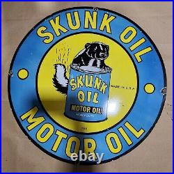 Skunk Motor Oil Porcelain Enamel Sign 30 Inches Round