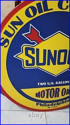 Sunoco Motor Oil Pure Porcelain Enamel Heavy Metal Sign 30 Inches Single Side