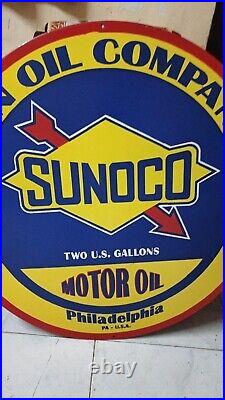 Sunoco Motor Oil Pure Porcelain Enamel Heavy Metal Sign 30 Inches Single Side