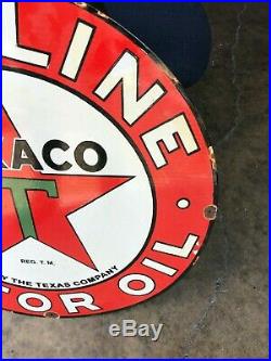 Texaco Gasoline/motor Oil Heavy Porcelain Sign (24 Inch Round) Nice Condition