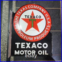 Texaco Motor Oil Flange 2-sided Porcelain Enamel Sign 21 X 27 Inches