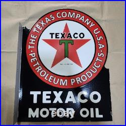 Texaco Motor Oil Flange 2-sided Porcelain Enamel Sign 21 X 27 Inches