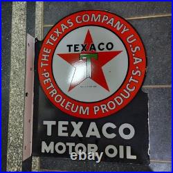 Texaco Motor Oil Flange 2-sided Porcelain Enamel Sign 21 X 27 Inches