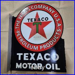 Texaco Motor Oil Flange 2-sided Porcelain Enamel Sign 21 X 27 Inches