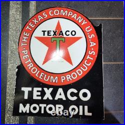 Texaco Motor Oil Flange 2-sided Porcelain Enamel Sign 21 X 27 Inches