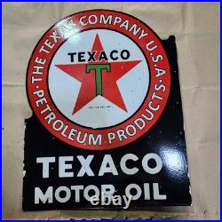 Texaco Motor Oil Flange 2-sided Porcelain Enamel Sign 21 X 27 Inches