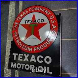 Texaco Motor Oil Flange 2-sided Porcelain Enamel Sign 21 X 27 Inches