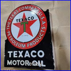 Texaco Motor Oil Flange 2-sided Porcelain Enamel Sign 21 X 27 Inches