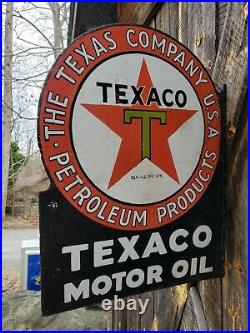 Texaco Motor Oil Flange Sign. Porcelain. Double Sided. 23inx18in