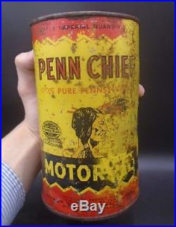 ULTRA RARE 1930's VINTAGE PENN CHIEF MOTOR OIL IMPERIAL QUART CAN PATRON OIL CO