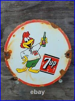 VINTAGE 7up PORCELAIN SIGN rooster soda pop drink GAS MOTOR OIL BEVERAGE RETAIL