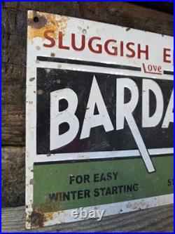 VINTAGE BARDAHL MOTOR OIL PORCELAIN SIGN, SLUGGISH ENGINES LIVE BARDAHL 10x7.5