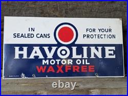 VINTAGE HAVOLINE MOTOR OIL PORCELAIN SIGN'WAXFREE' CAR GAS AUTO APX 21x11
