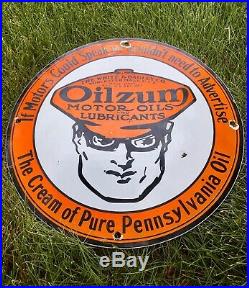 VINTAGE OILZUM MOTOR OIL PORCELAIN GAS STATION PUMP SIGN Pure Pennsylvania