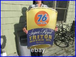 VINTAGE ORIGINAL 1950's 60's UNION 76 TRITON MOTOR OIL CAN SIGN 30x19 EMBOSSED
